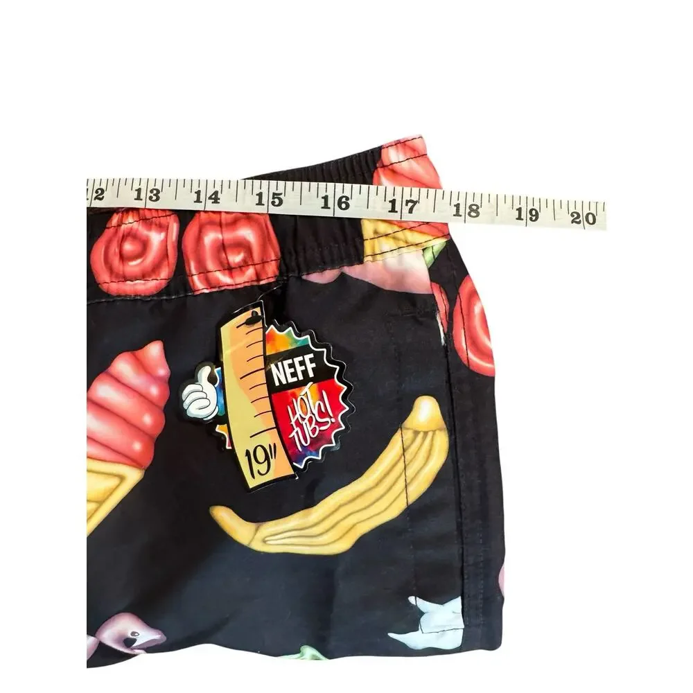 NWT NEFF XL Black Novelty Print Swim Trunks 19” Board Shorts Cherry Flamingo